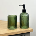 2 Piece Ribbed Glass Bathroom Sink Accessories Set - Dark Green