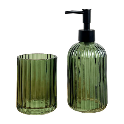 2 Piece Ribbed Glass Bathroom Sink Accessories Set - Dark Green
