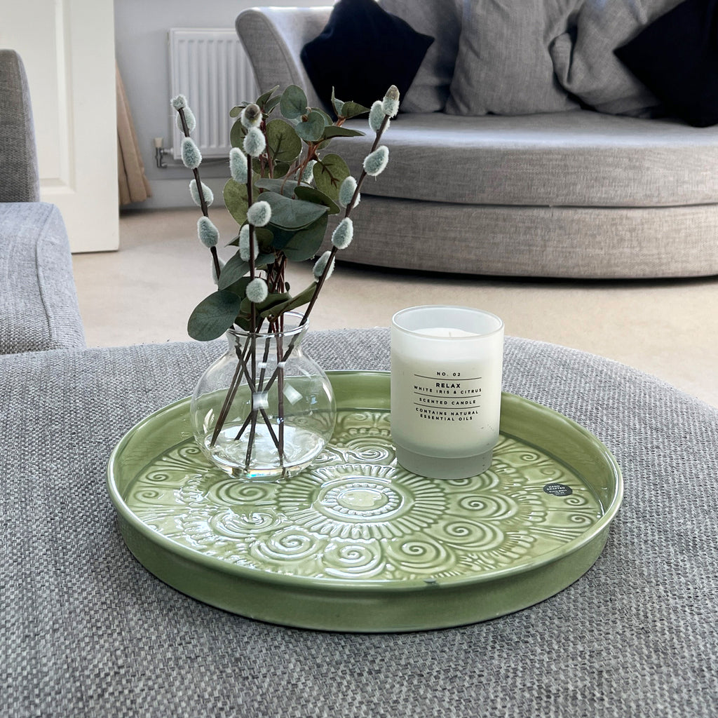 32.5cm Moroccan Pattern Decorative Metal Tray – Green