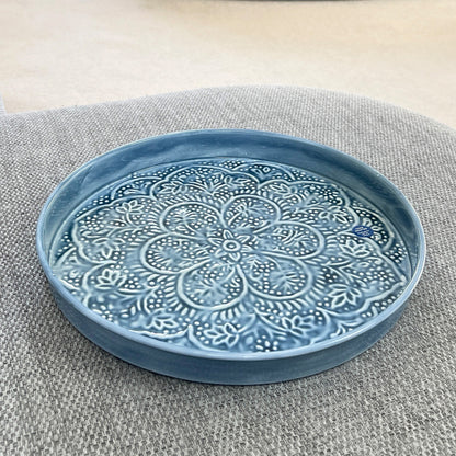 32.5cm Floral Pattern Decorative Metal Tray – Blue