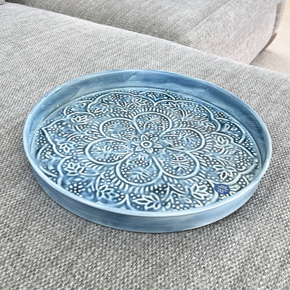 32.5cm Floral Pattern Decorative Metal Tray – Blue
