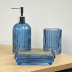 3 Piece Ribbed Glass Bathroom Sink Accessories Set - Blue