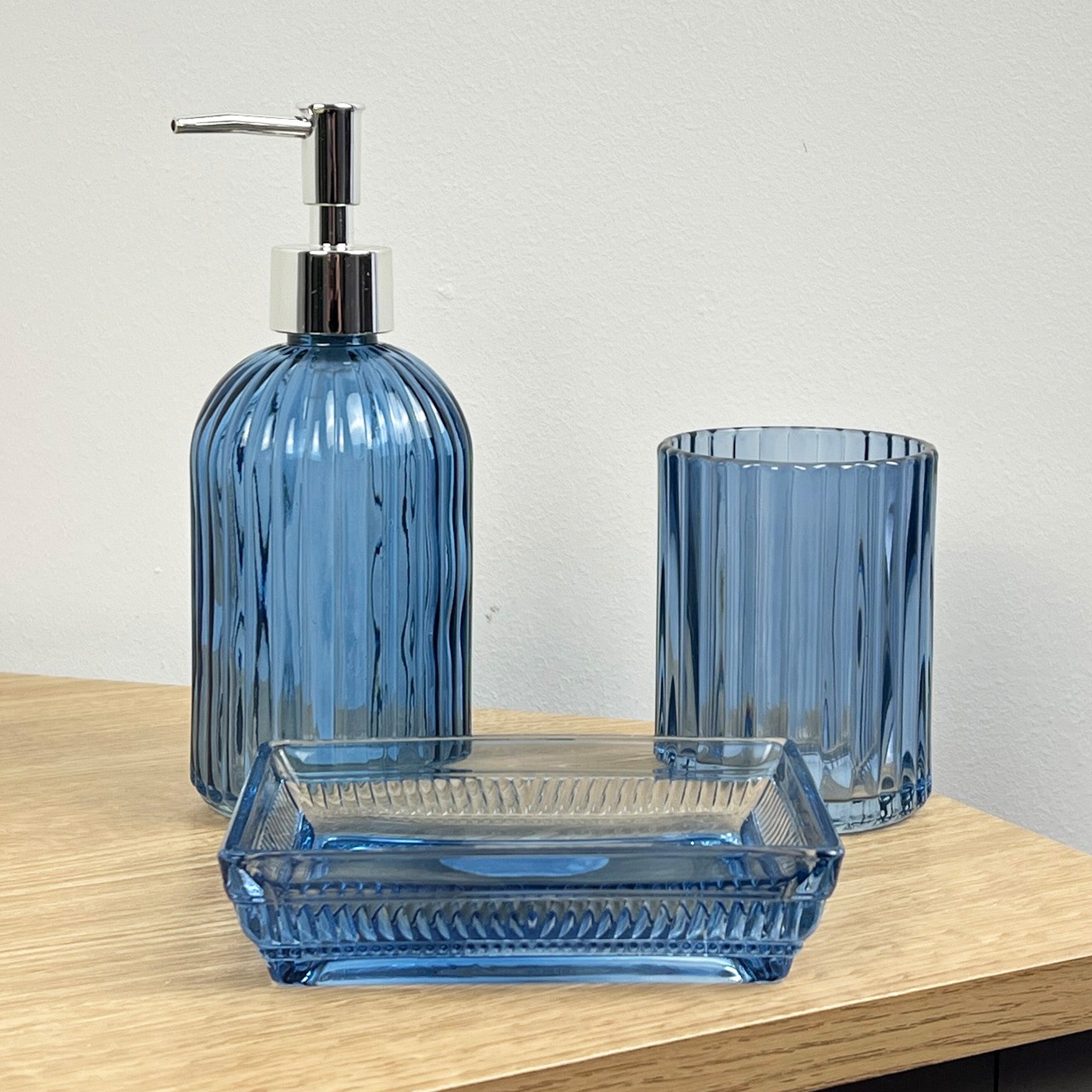3 Piece Ribbed Glass Bathroom Sink Accessories Set - Blue