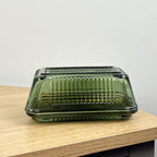 Green Ribbed Glass Butter Dish with Lid