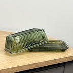 Green Ribbed Glass Butter Dish with Lid