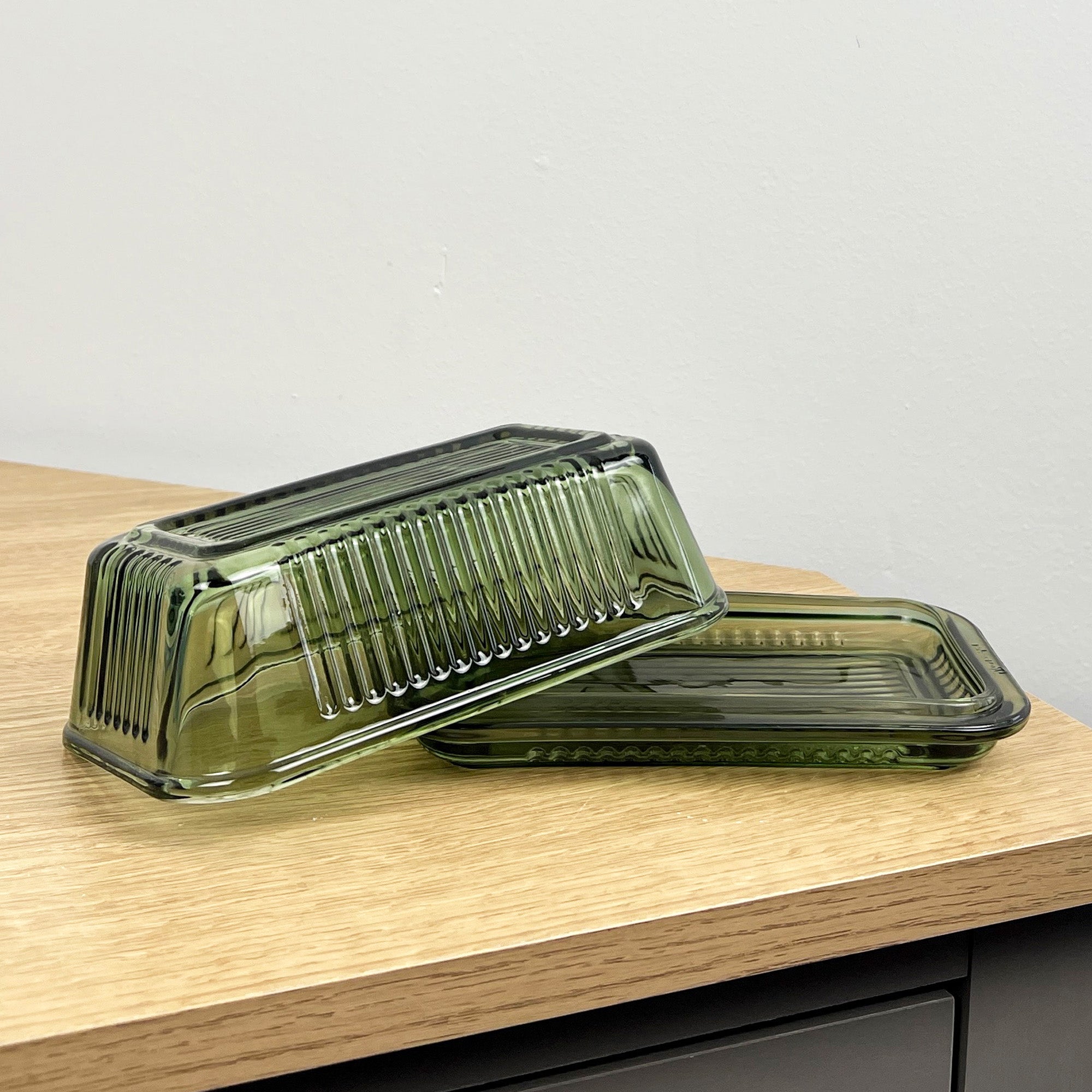 Green Ribbed Glass Butter Dish with Lid