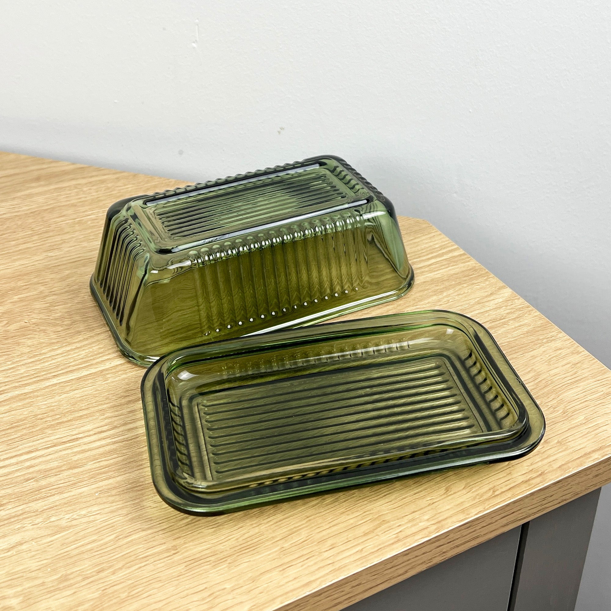Green Ribbed Glass Butter Dish with Lid