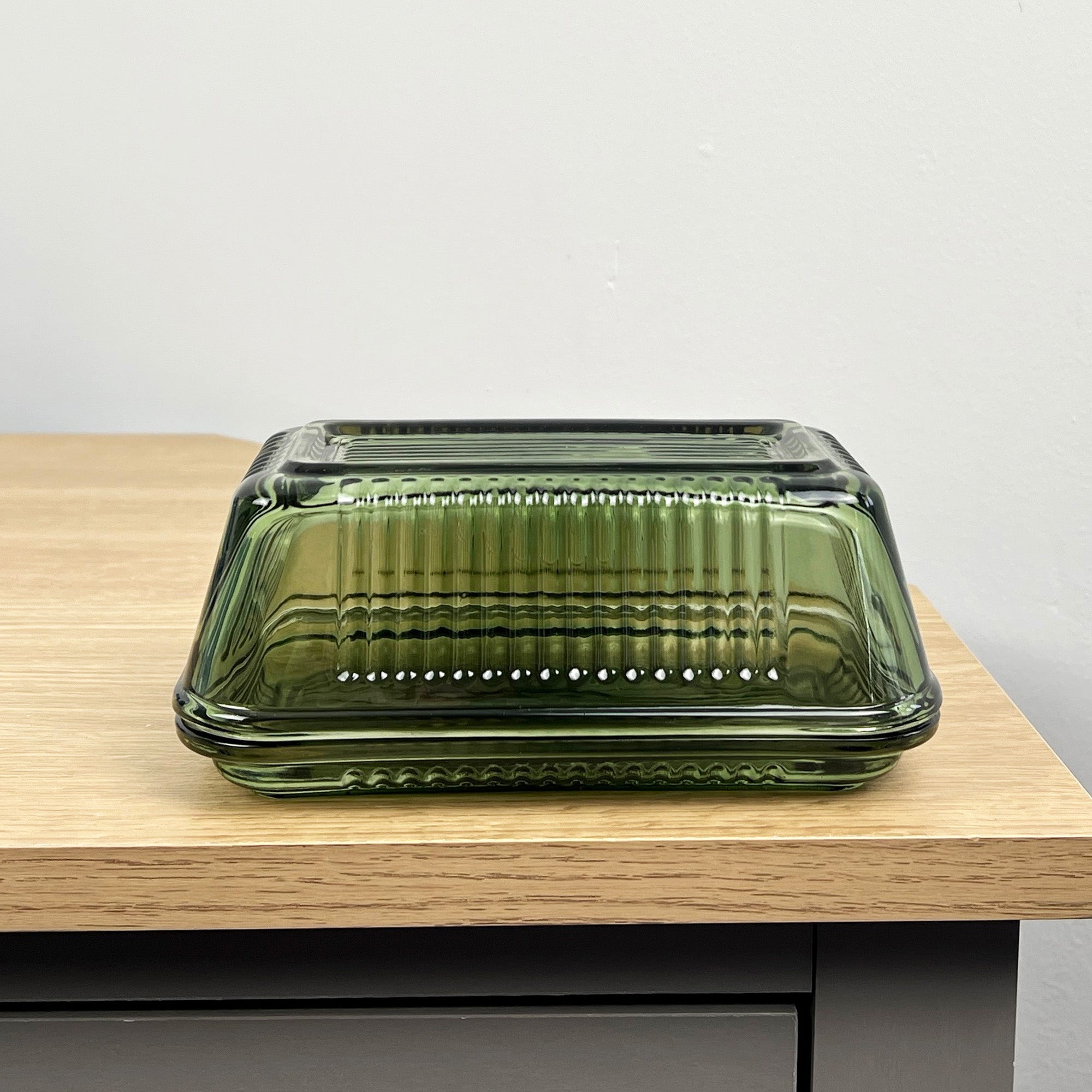 Green Ribbed Glass Butter Dish with Lid