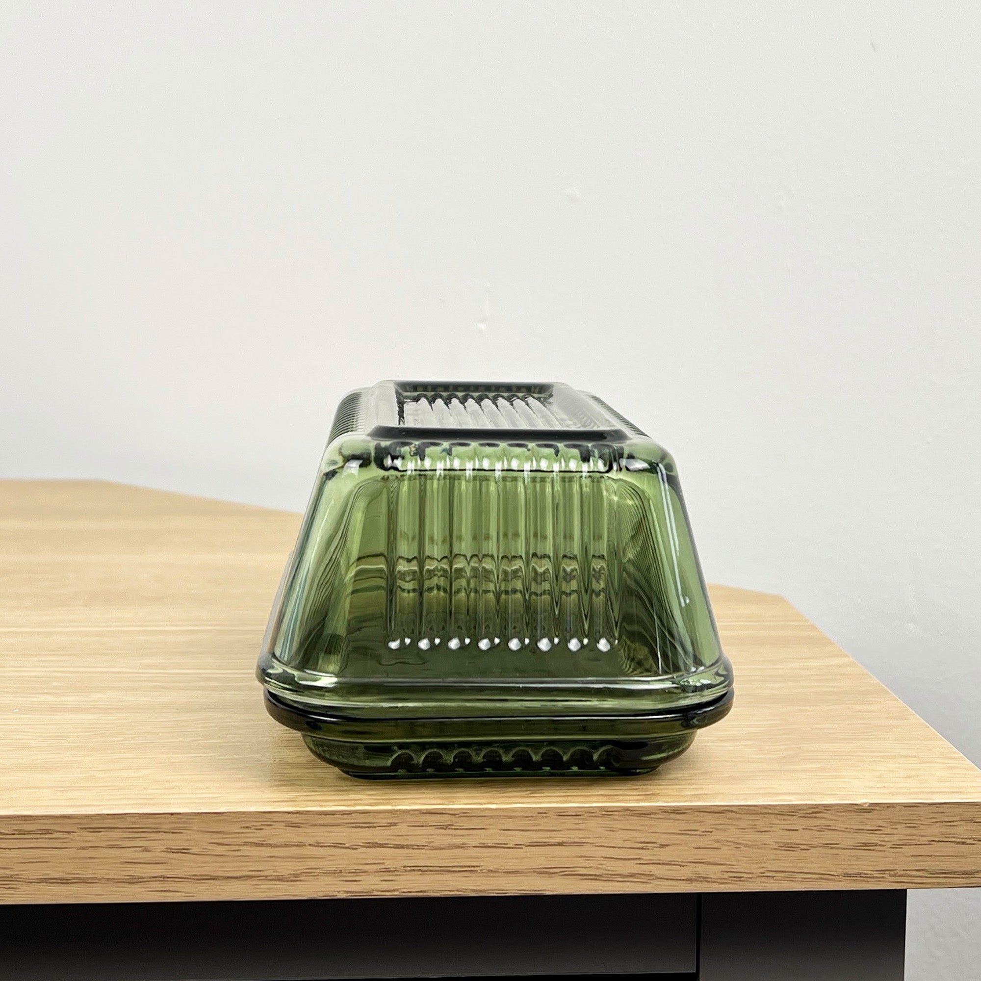 Green Ribbed Glass Butter Dish with Lid