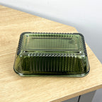 Green Ribbed Glass Butter Dish with Lid
