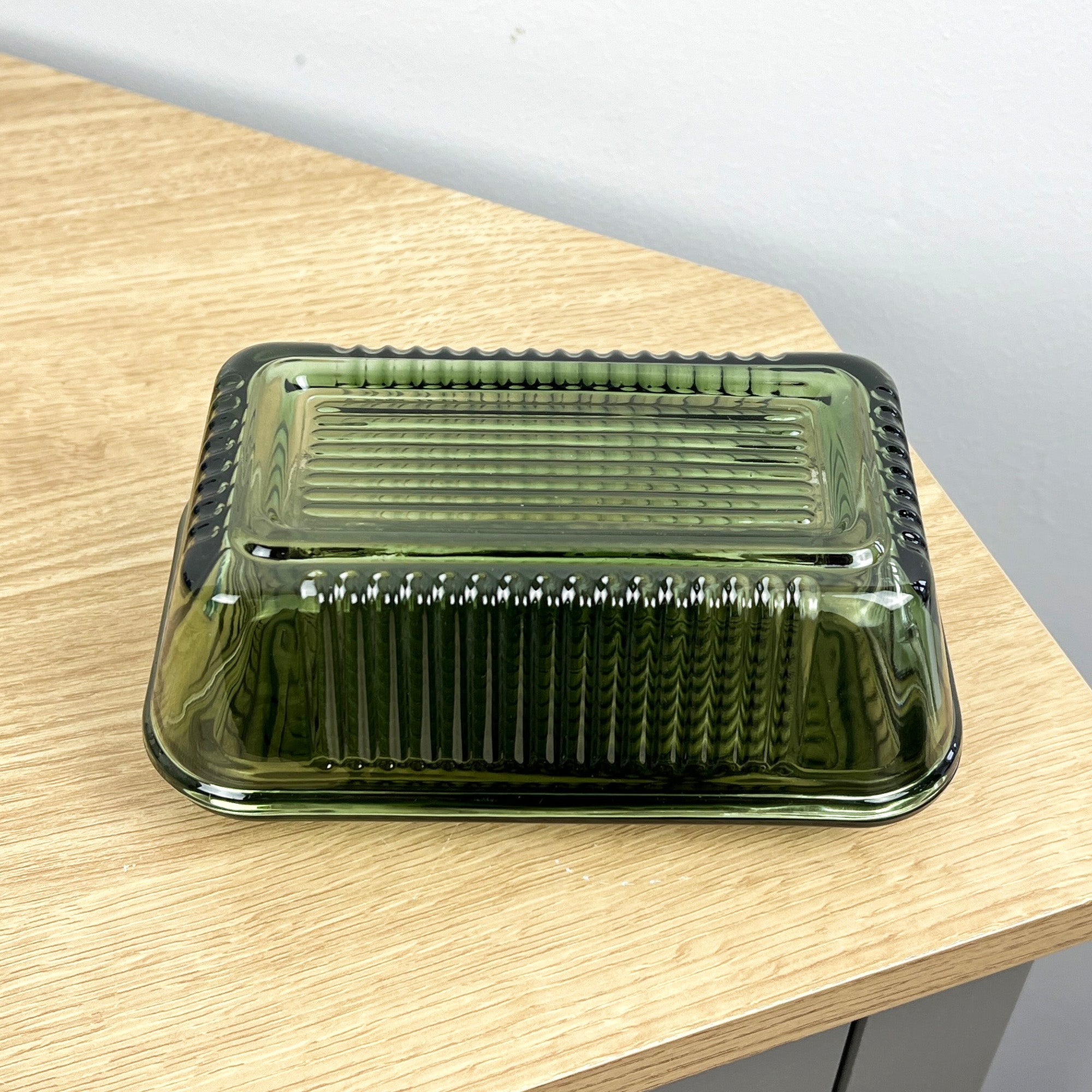 Green Ribbed Glass Butter Dish with Lid
