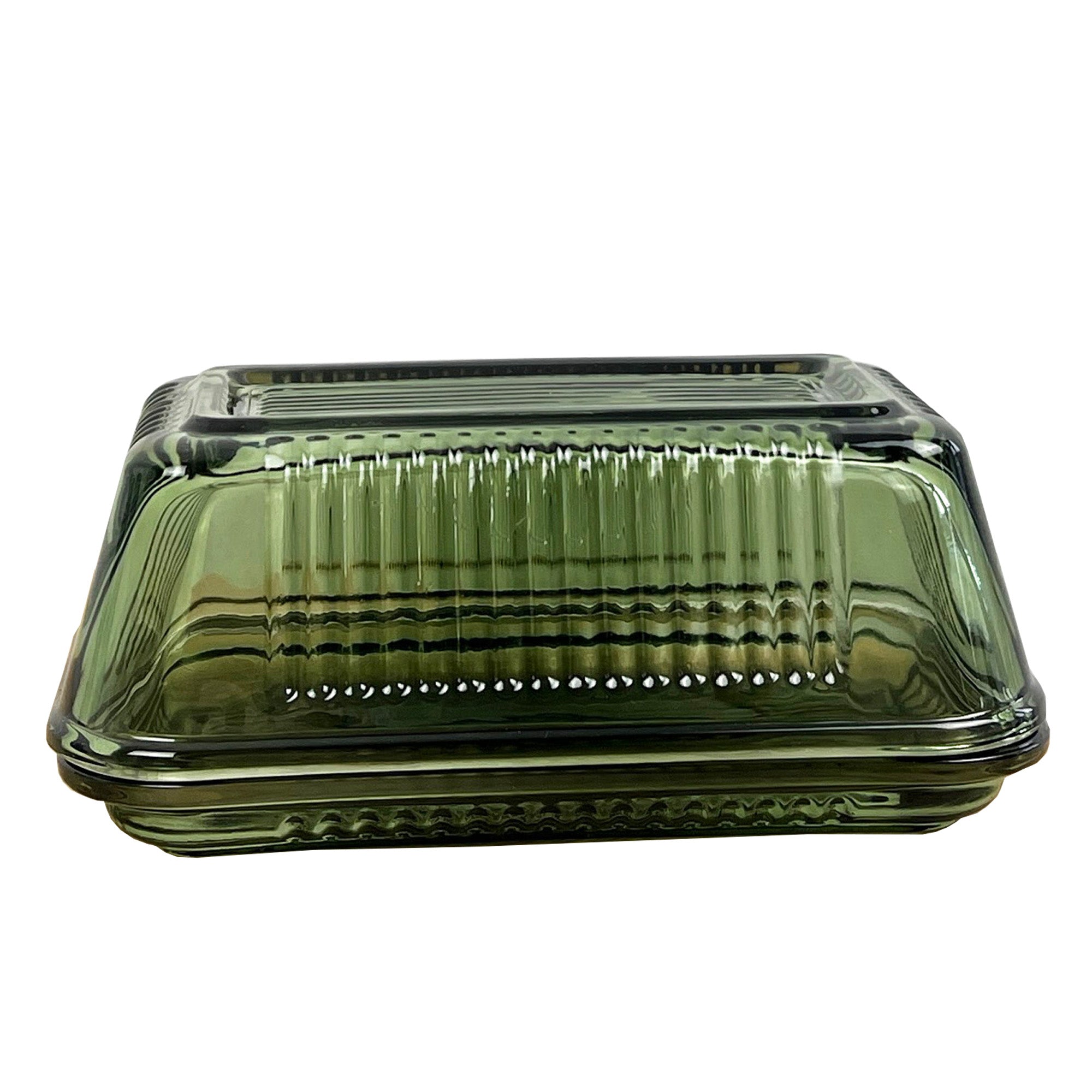 Green Ribbed Glass Butter Dish with Lid