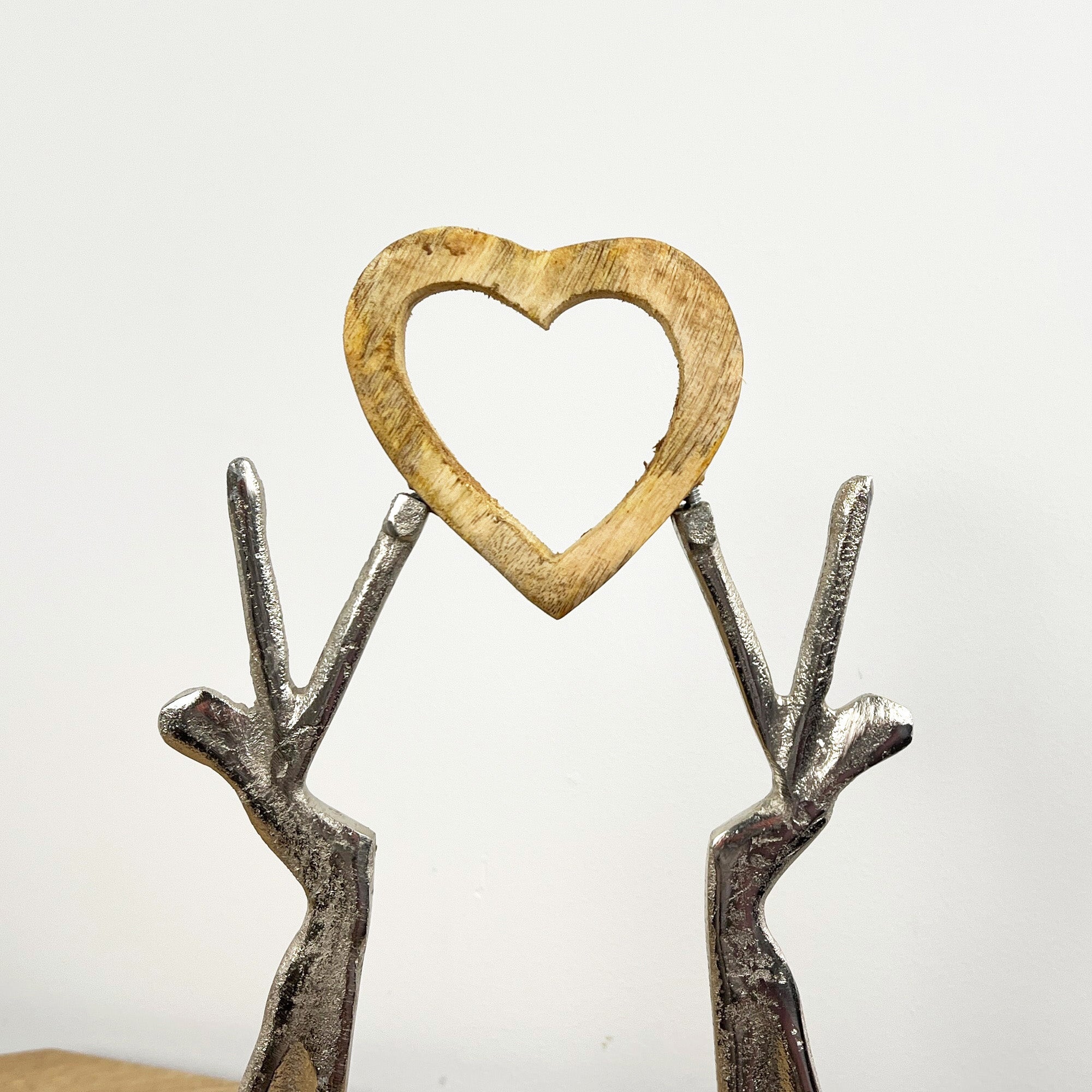 33cm Metal Couple Holding Wooden Heart Ornament / Sculpture on Wood