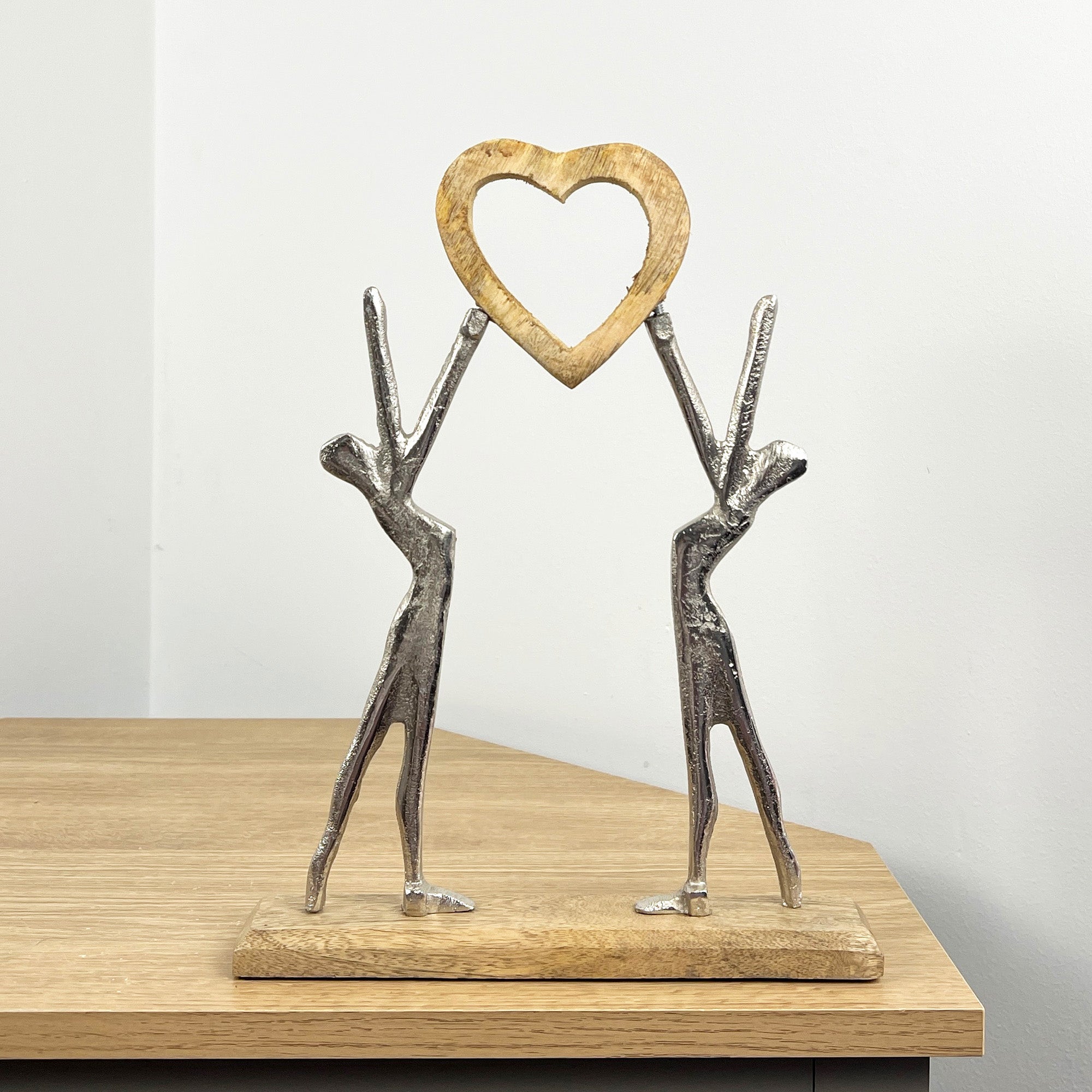 33cm Metal Couple Holding Wooden Heart Ornament / Sculpture on Wood