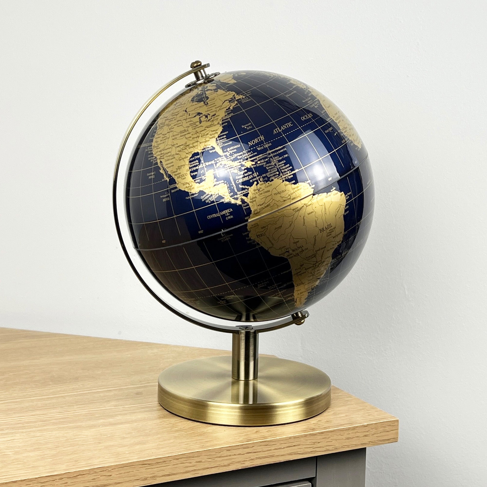 27.5cm Tall Rotating Globe Ornament - Dark Blue & Gold