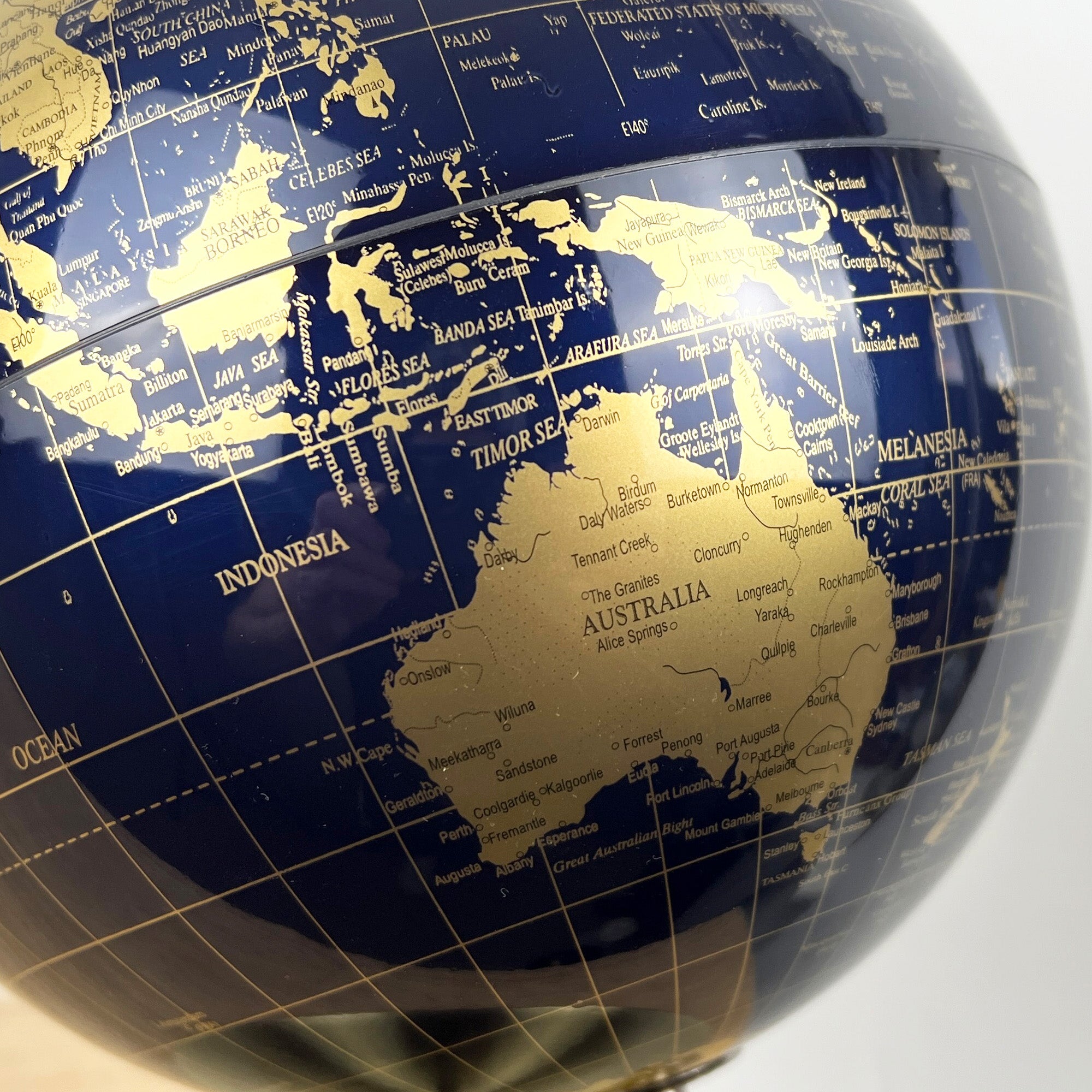 27.5cm Tall Rotating Globe Ornament - Dark Blue & Gold
