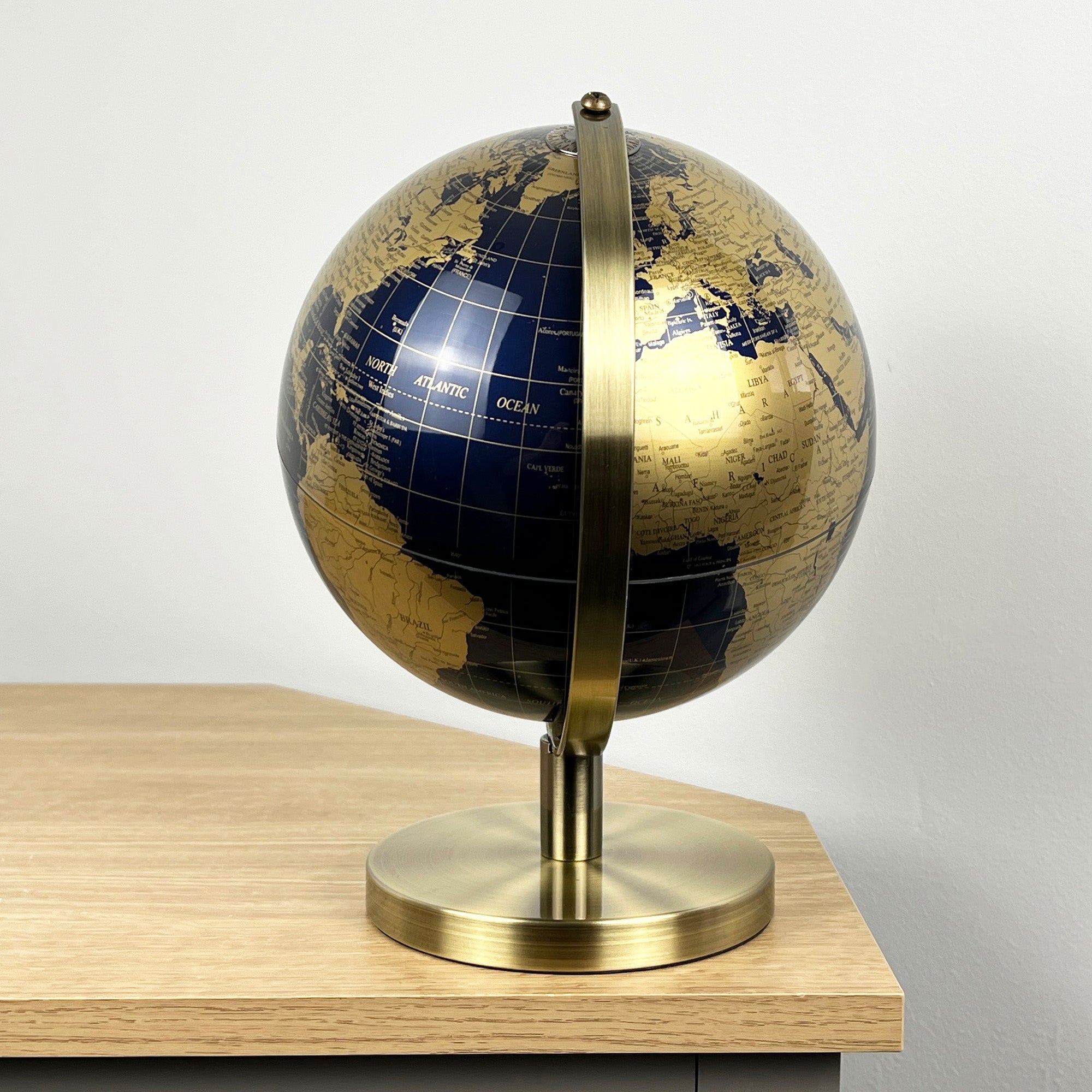 27.5cm Tall Rotating Globe Ornament - Dark Blue & Gold