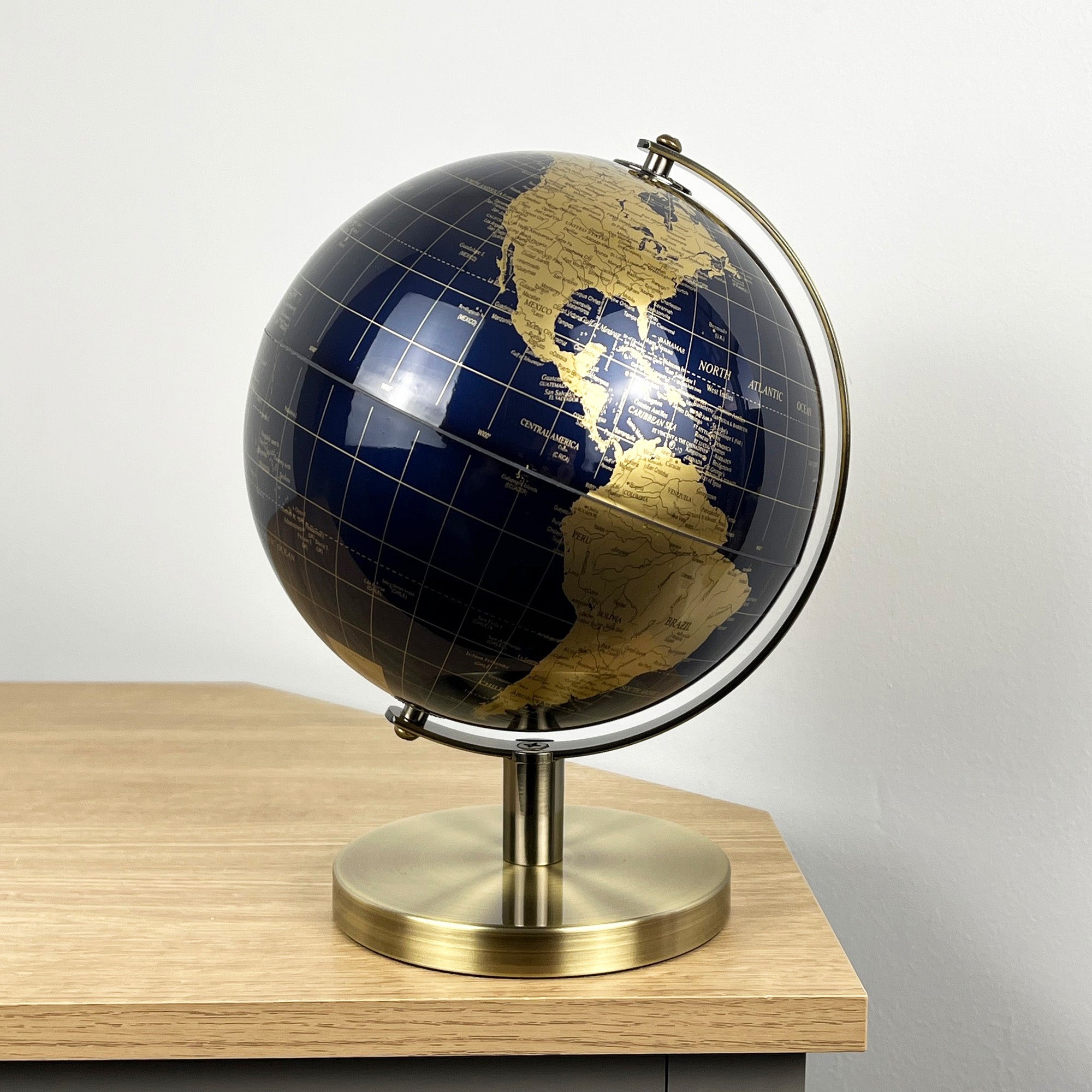 27.5cm Tall Rotating Globe Ornament - Dark Blue & Gold