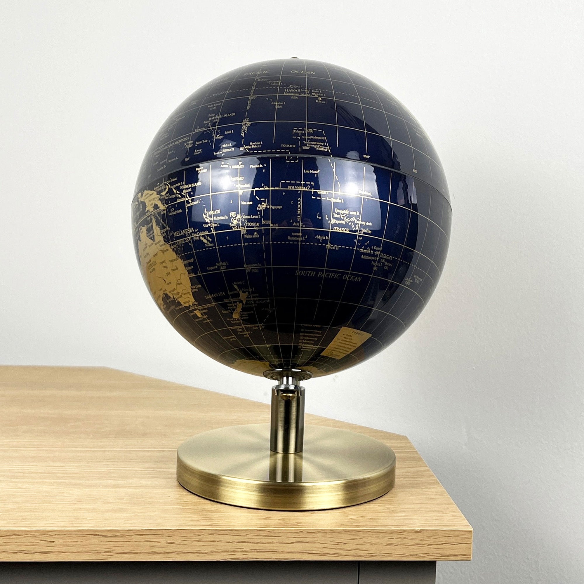 27.5cm Tall Rotating Globe Ornament - Dark Blue & Gold