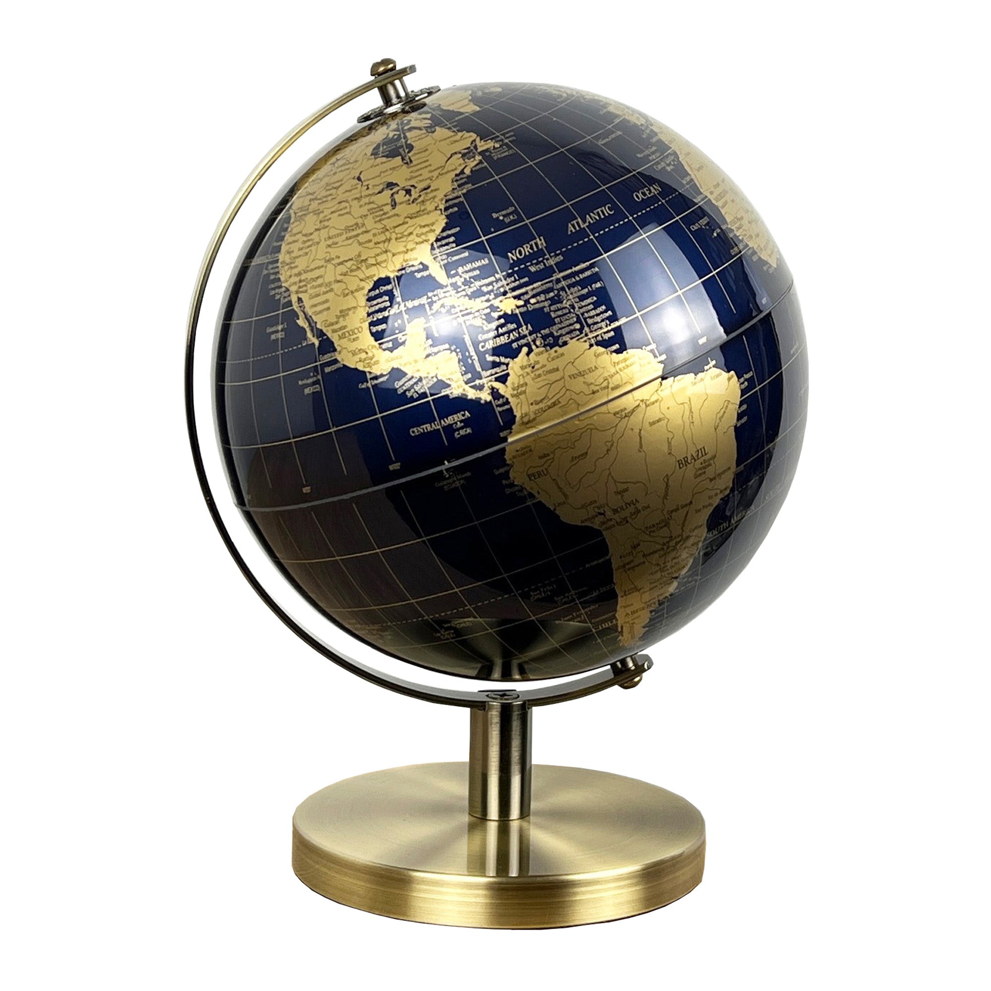 27.5cm Tall Rotating Globe Ornament - Dark Blue & Gold