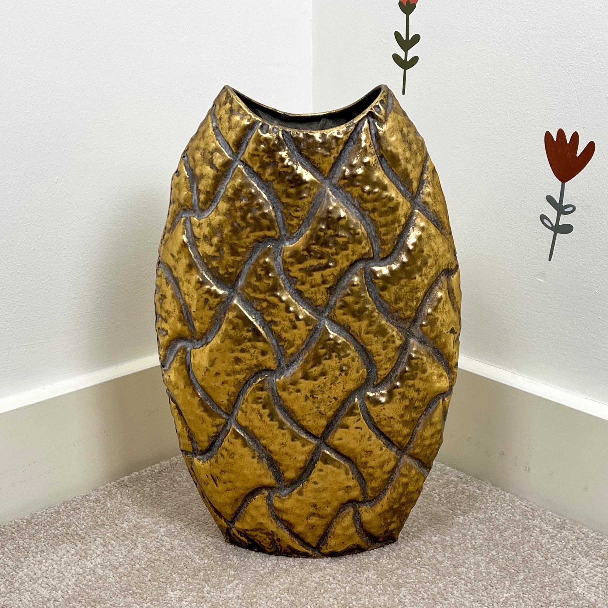 38.5cm Large Oval Metal Floor Vase - Distressed Gold