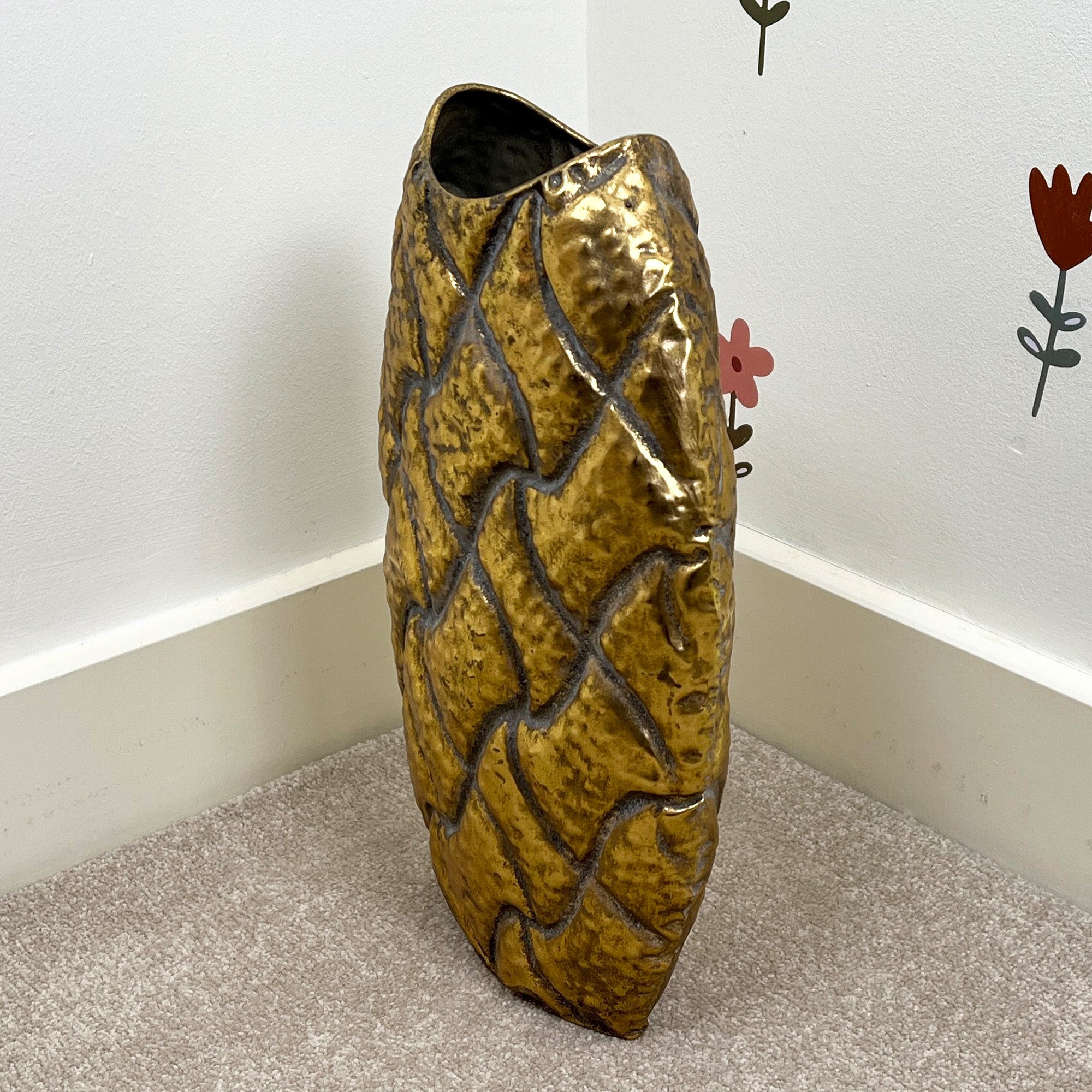 38.5cm Large Oval Metal Floor Vase - Distressed Gold