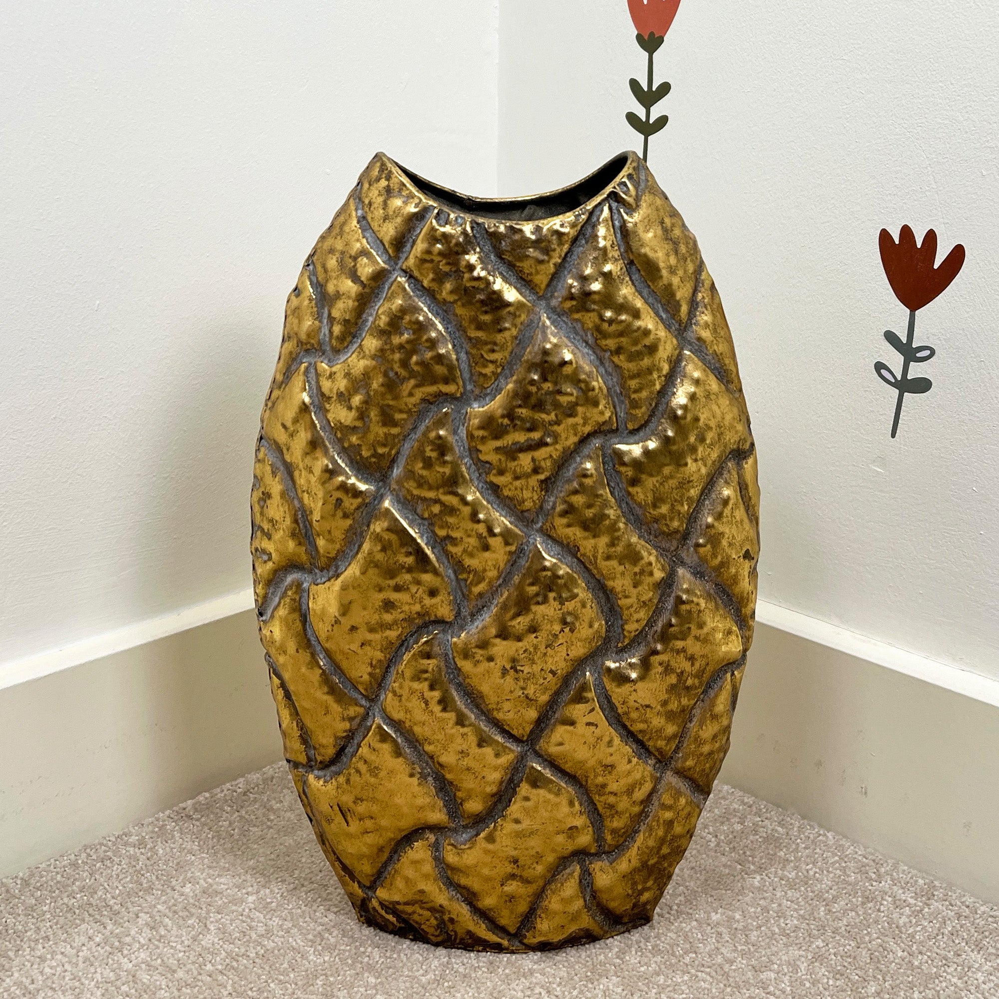 38.5cm Large Oval Metal Floor Vase - Distressed Gold