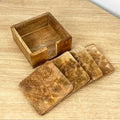 Set of 4 Rustic Wooden Coasters with Holder – Floral Pattern