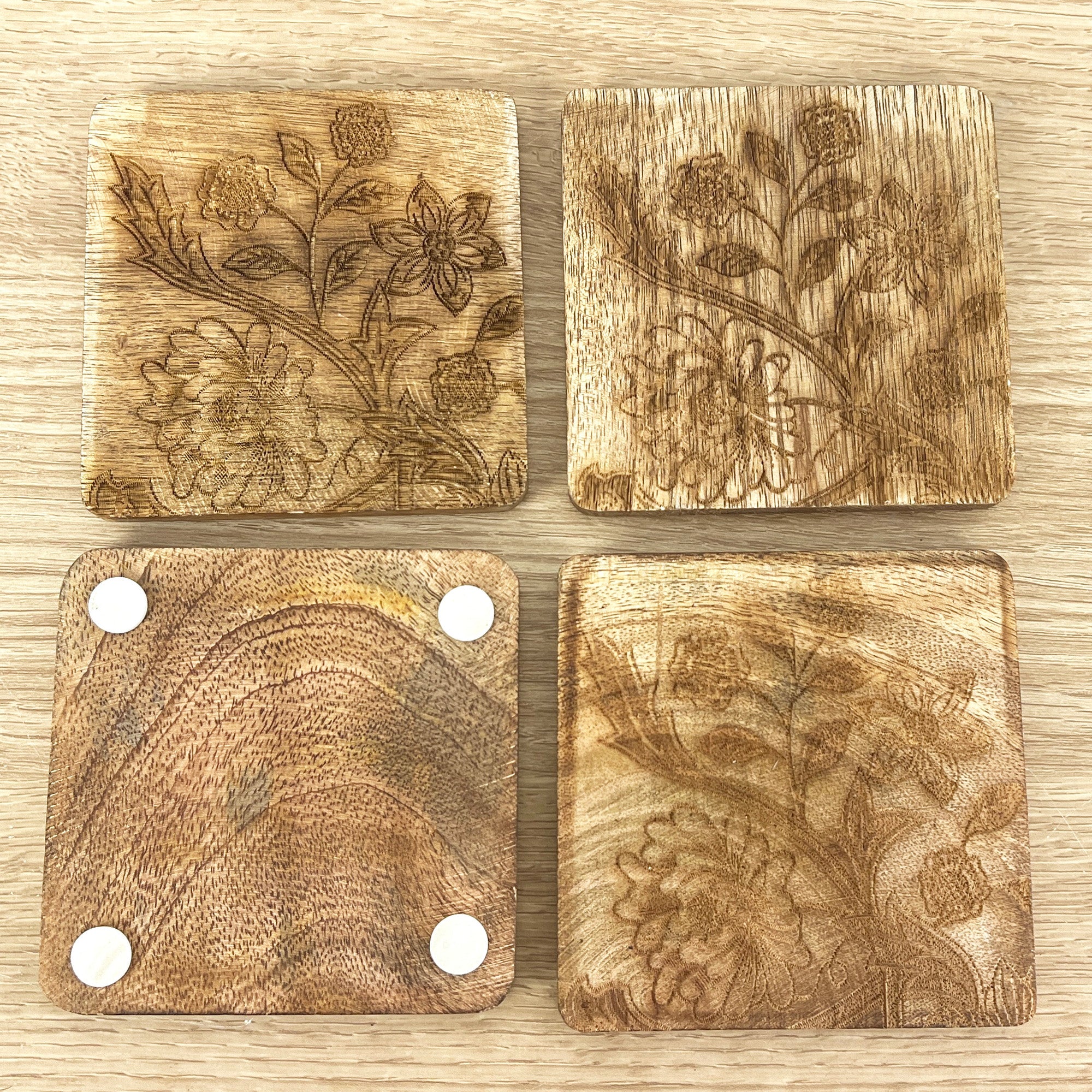 Set of 4 Rustic Wooden Coasters with Holder – Floral Pattern