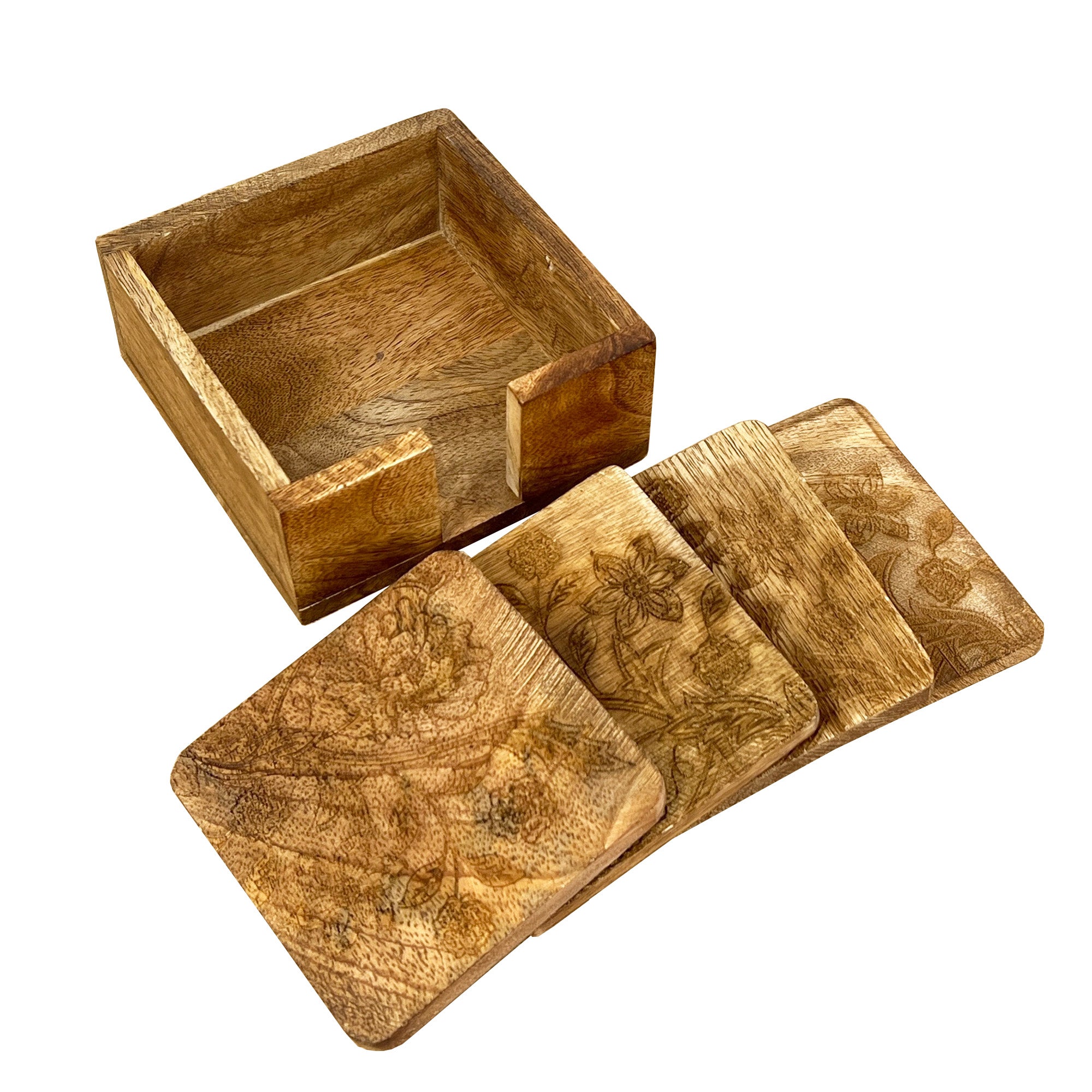 Set of 4 Rustic Wooden Coasters with Holder – Floral Pattern