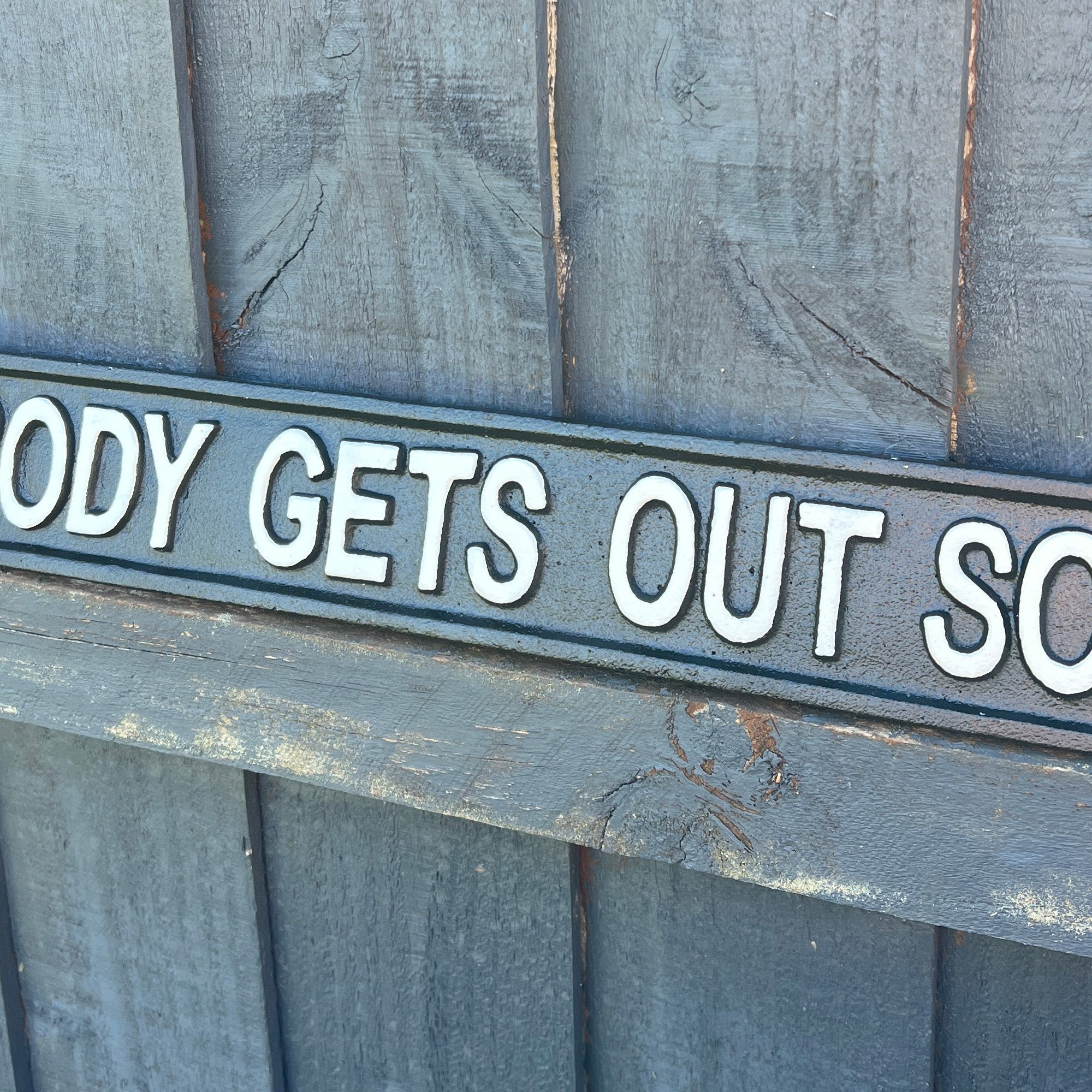 48.5cm Large Cast Iron 'Nobody Get's Out Sober' Wall Sign / Plaque