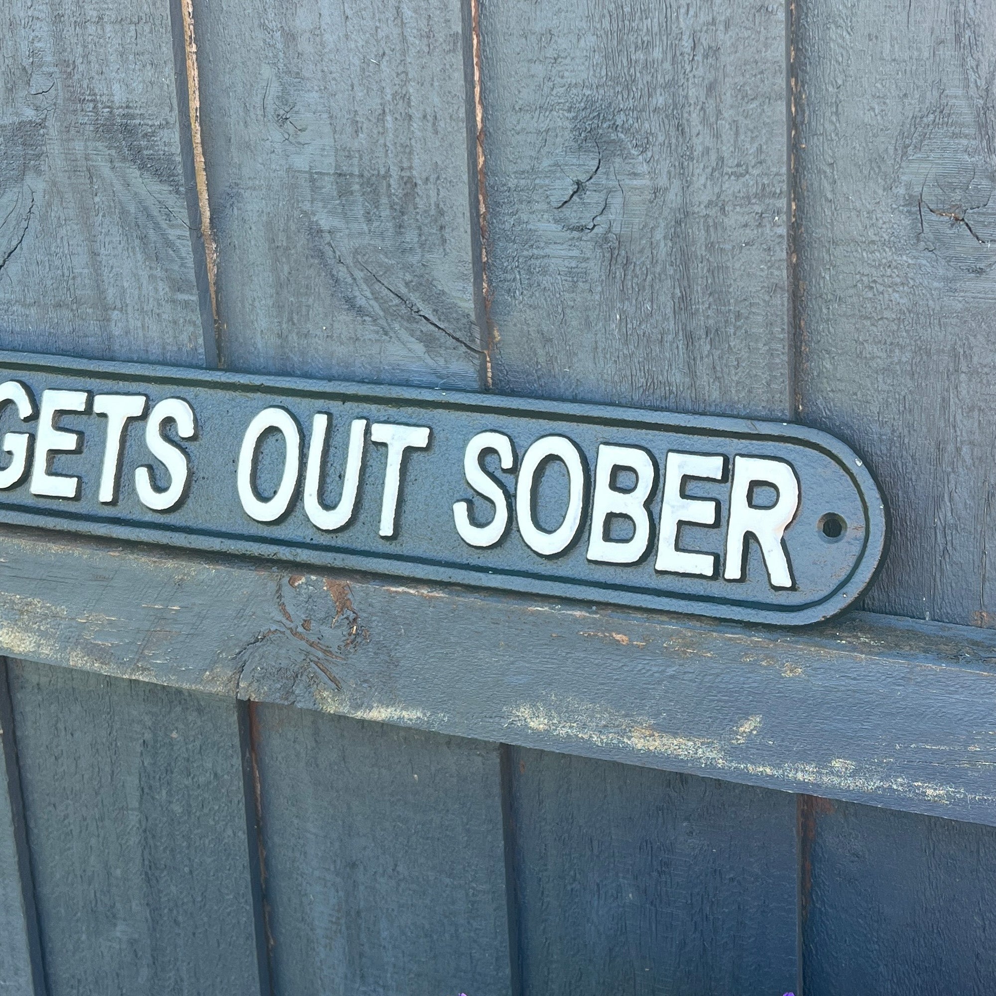 48.5cm Large Cast Iron 'Nobody Get's Out Sober' Wall Sign / Plaque