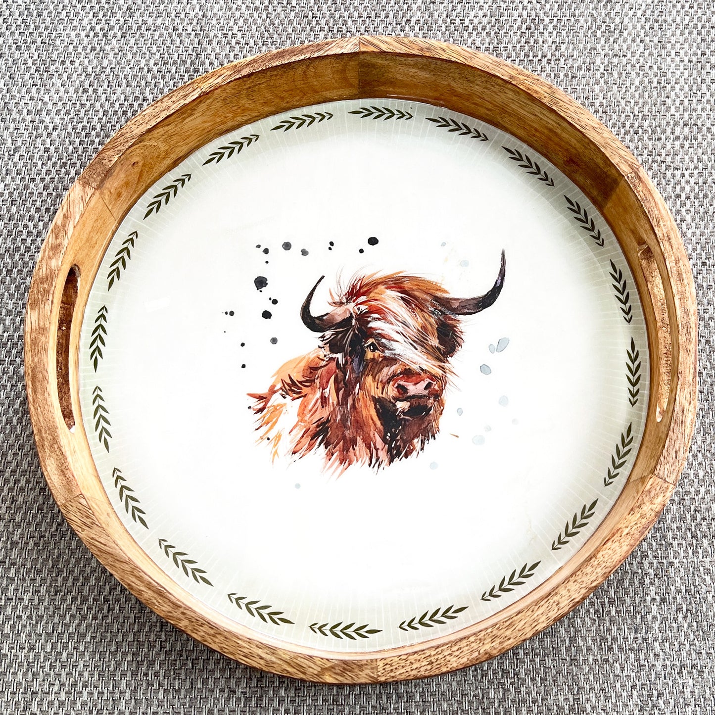 29.5cm Handcrafted Highland Cow Mango Wood Tray