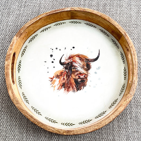 29.5cm Handcrafted Highland Cow Mango Wood Tray