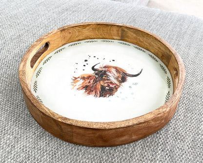 29.5cm Handcrafted Highland Cow Mango Wood Tray