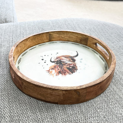 29.5cm Handcrafted Highland Cow Mango Wood Tray