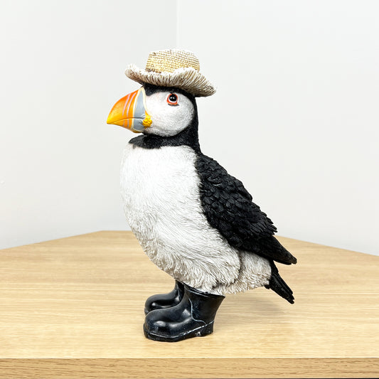 Puffin Wearing a Straw Hat Ornament - Resin