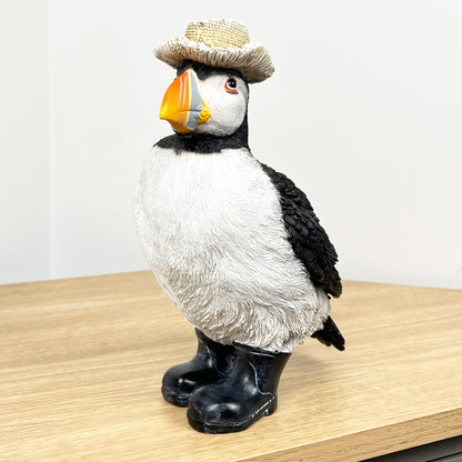 Puffin Wearing a Straw Hat Ornament - Resin