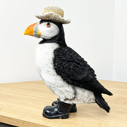 Puffin Wearing a Straw Hat Ornament - Resin