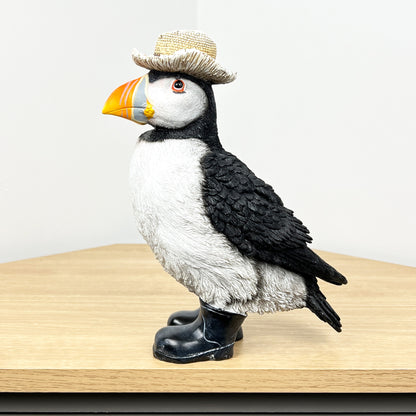 Puffin Wearing a Straw Hat Ornament - Resin