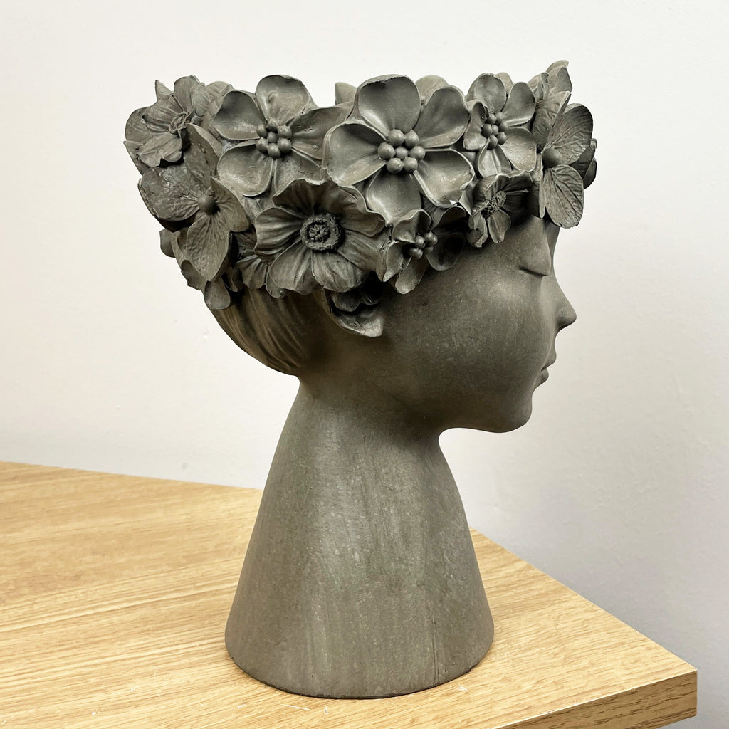 23cm Tall Decorative Floral Head Planter - Grey