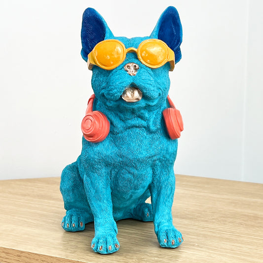 25.5cm Funky French Bulldog with Sunglasses & Headphones - Bright Blue