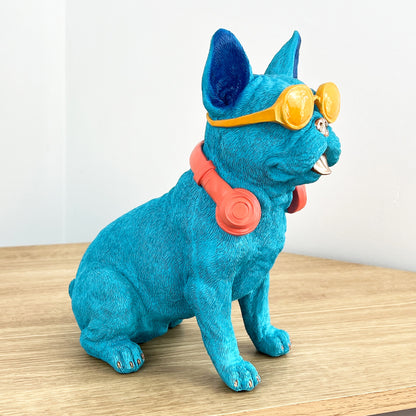 25.5cm Funky French Bulldog with Sunglasses & Headphones - Bright Blue