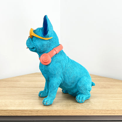 25.5cm Funky French Bulldog with Sunglasses & Headphones - Bright Blue