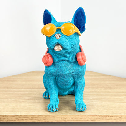 25.5cm Funky French Bulldog with Sunglasses & Headphones - Bright Blue