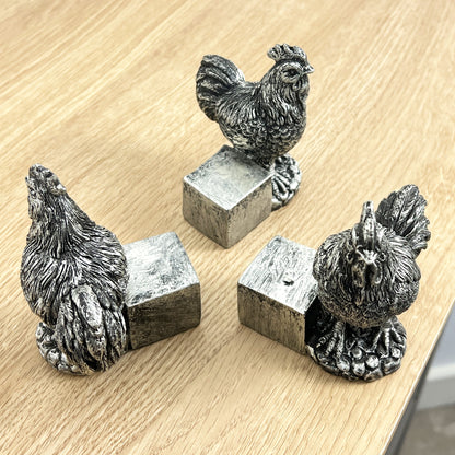 Set of 3 Decorative Chicken Plant Pot Riser Feet - Silver