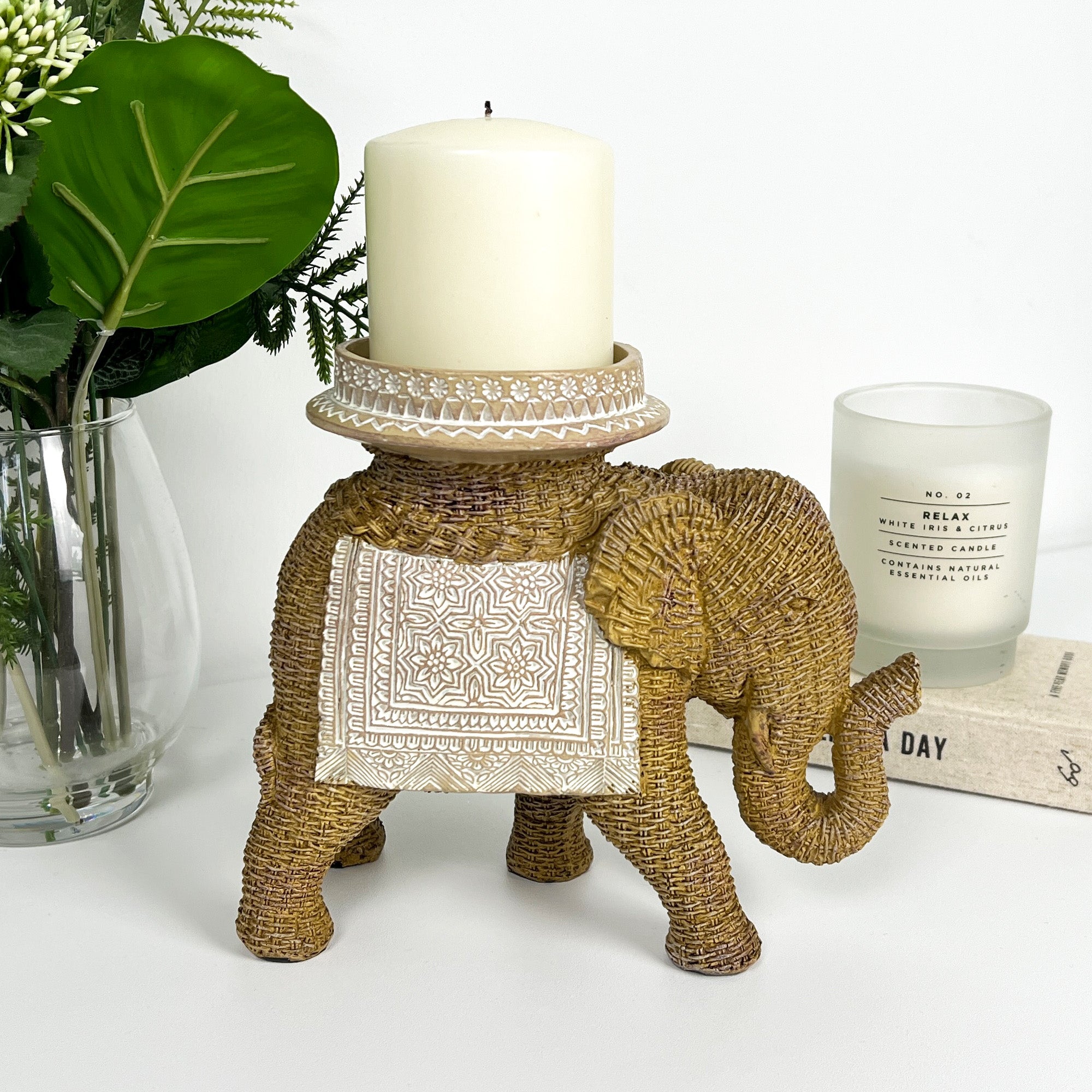 18cm Rattan Style Moroccan Elephant Candle Holder
