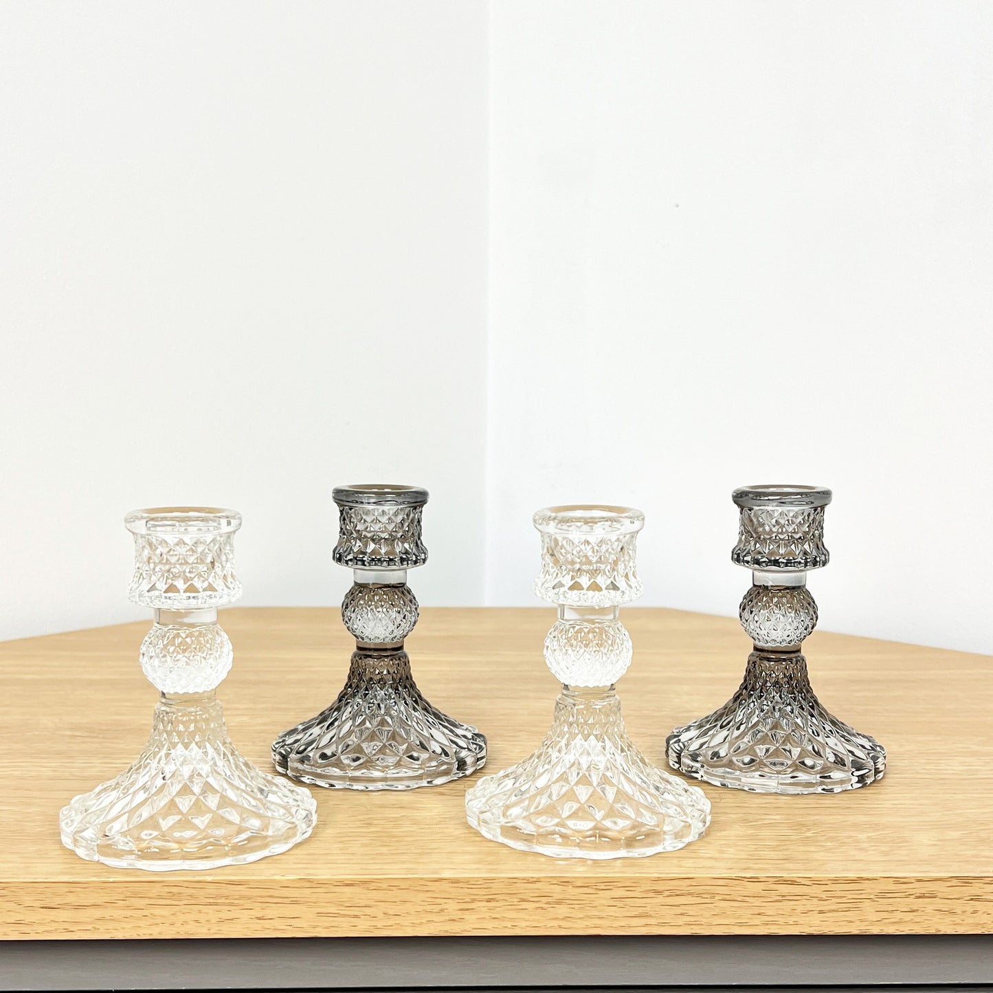 Set of 4 Glass Candle Holders – Clear / Smoke Grey