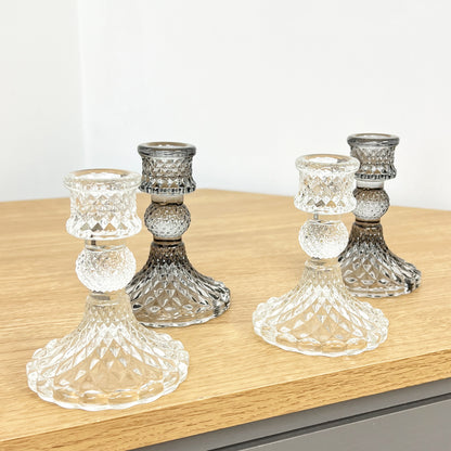 Set of 4 Glass Candle Holders – Clear / Smoke Grey