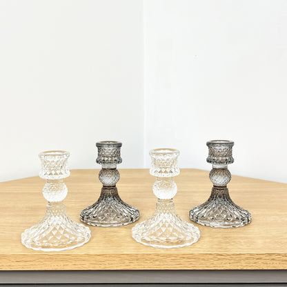 Set of 4 Glass Candle Holders – Clear / Smoke Grey